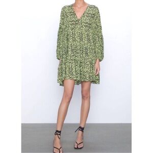 Zara Long Sleeve Floral Green Lightweight Swing Dress Size Small